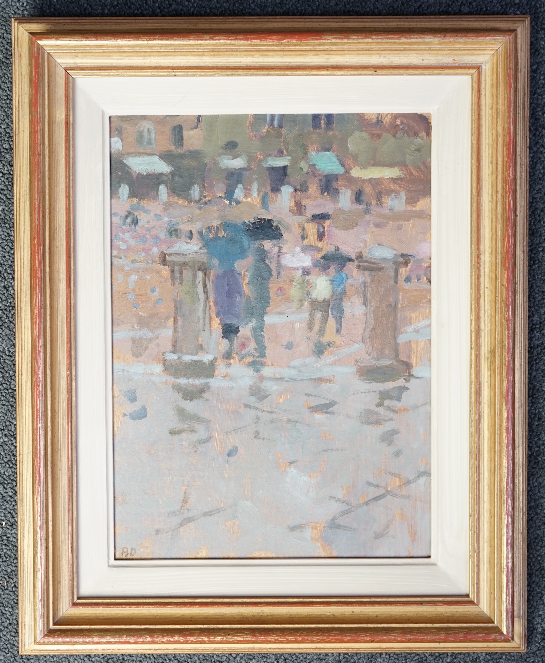 Bernard Dunstan R.A.(1920-2017), 'The Campo, Rainy Day', oil on board, 27 x 19.5cm